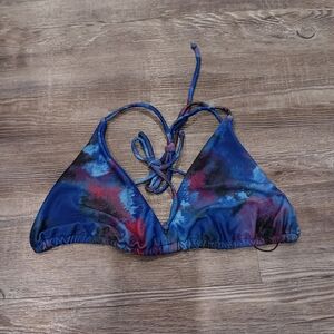 PrettyLittleThing Blue Acid Wash Contrast Tie Triangle Bikini Top